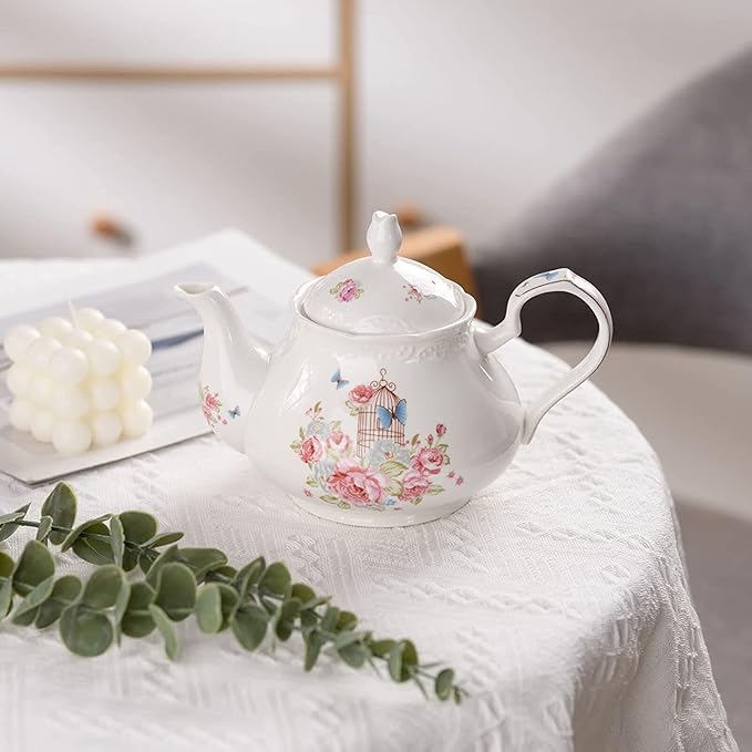 YBK Tech Strengthen Porcelain Coffee Pot Ceramic Teapot- Pink Rose (Teapot+ 2 sets of cup and saucer) - Bloomnest