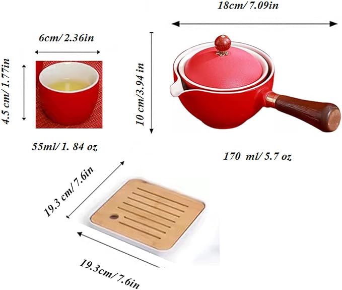 Ceramic Portable Travel Tea Set, Chinese Kungfu Tea Set with 360 Rotation Teapot and Infuser, 4 Tea Cups, Tea Tray And Travel Bag (Red)
