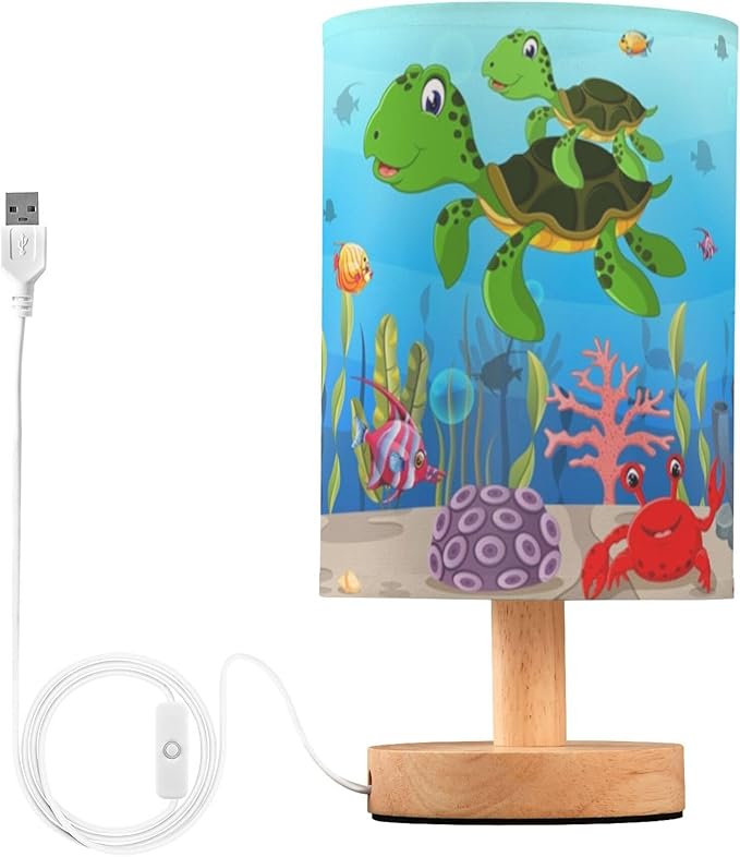 Table Lamp Colorful Underwater Sea Turtle Octopus Crab Fish Coral Aquatic Nightstand Lamp with Wood Base Fabric Lamp Shade Bedside Desk Lamp for Living Room Bedroom Kids Room Office - Bloomnest