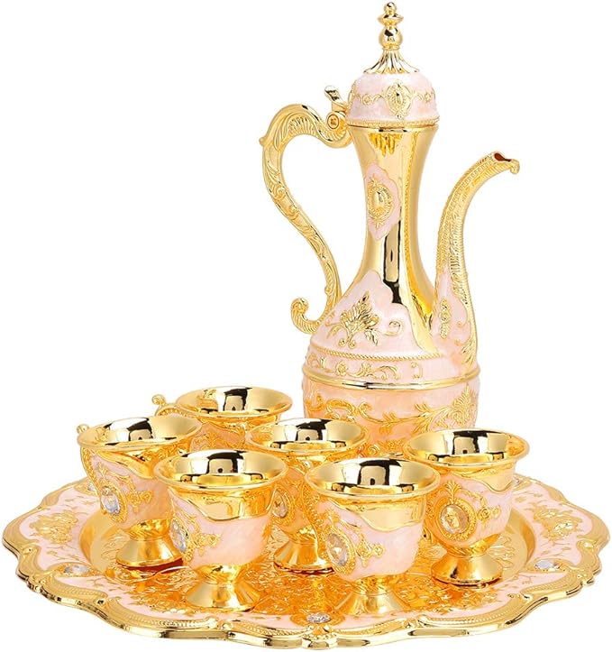 Vintage Turkish Coffee Pot Set, Turkish Tea Set with 6 Coffee Cups, Golden Wine Decanter and Glasses Set, Turkish Copper Coffee Cup Set for Home Tea Party(Pink) Tea - Bloomnest