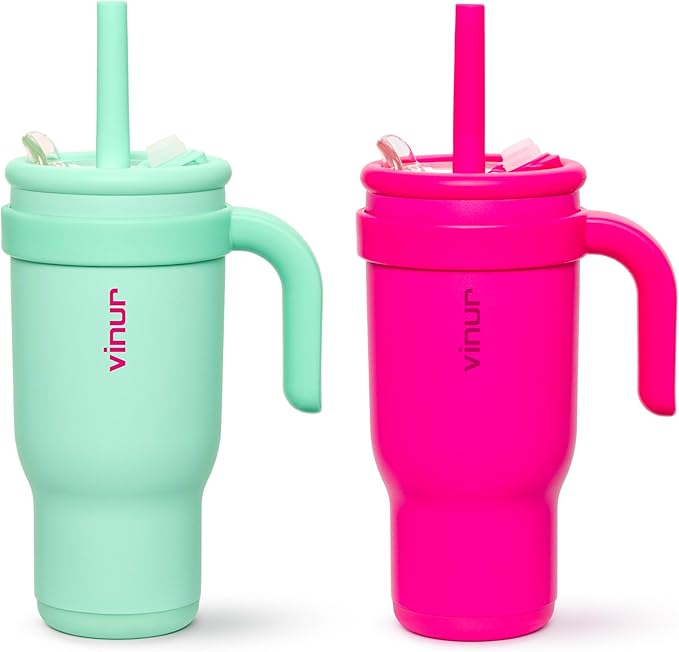 VINUR Kids 17 oz Tumbler with Handle and Straw Lid-2 Pack Stainless Steel Insulated Tumbler Travel Water Cup with Rubber Base-Cup Holder Friendly (Teal-Rose Pink) - Bloomnest