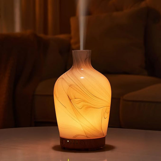 Classical Vase Art Glass Aromatherapy Diffuser 160ml ultrasonic Cool Mist Scent Aroma Essential Oil Diffu er Humidifier with Intermittent Mist & LED 7 Colorful Changing Night Light for Bedroom - Bloomnest