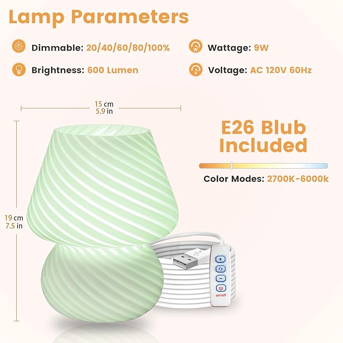 USB Plug-in Mushroom Lamp Small Bedside Table Lamp with 3 Temperature LED Bulb,Free Dimming Nights Light for Bedroom/Living Room/Entryway/Corner Decor (Stripe Green) - Bloomnest