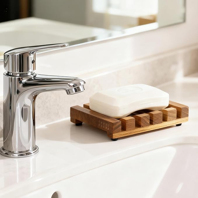Slotted Bar Soap Holder Teak Wood by HTB, Kitchen Wooden Sponge Holder, Self Draining Soap Dish for Shower, Sink, Bathroom, Bathtub, RV - Bloomnest