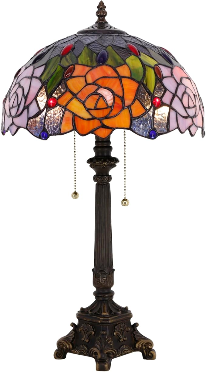 Tiffany Lamp Orange Rose Flower Style Stained Glass Table Lamp Desk Reading Light 12X12X21 Inches with Resin Base Decor Bedroom Living Room - Bloomnest