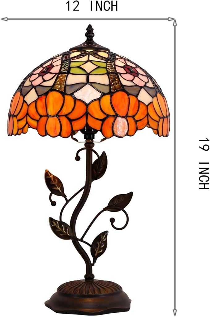 Tiffany Lamp Orange Flower Stained Glass Table Lamp Desk Bedside Reading Light 12X12X19 Inches with Metal Leaf Base Decor Bedroom Living Room - Bloomnest