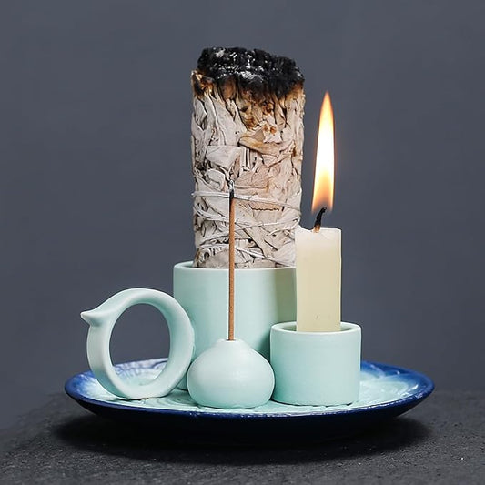 4 in 1 Ceramic Incense Burner Holder with Handle for Burning Sage, Palo Santo Stick, Joss Sticks, Candle in Your New House, Office, Yoga, Meditation Room (Sky Blue) - Bloomnest