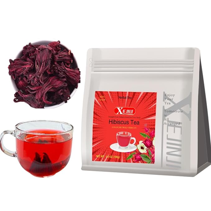 XIEJINJI Hibiscus Tea, Natural Dried Hibiscus Flowers, Herbal Tea, 3.5oz/100g Refreshing Tart Flavor, Caffeine Free, Resealable Bag - Bloomnest