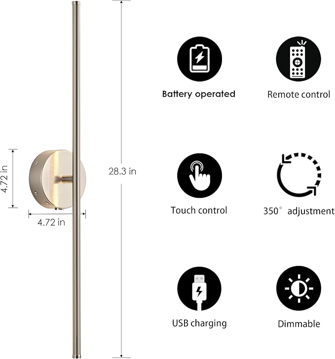 Battery Operated Wall Sconces with Remote Control, Dimmable Wall Sconces Set of Two, 350°Rotate, 3000K LED Nickel Wireless Wall Light for Living Room,Bedroom, Hallway, 28.3 Inch (2 Pack) - Bloomnest