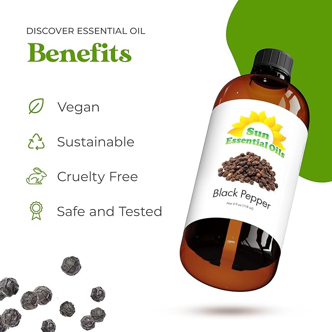 Sun Essential Oils - Black Pepper 4oz Bottle for Diffuser, Humidifier, Aromatherapy, Self and Home Care - Black Pepper Oil - Aromatherapy Oil - Bloomnest
