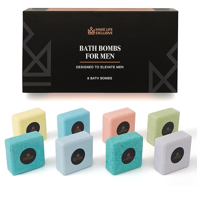 Bath Bombs for Men, Block Shape, Gifts for Men, 8 Large 5oz Bombs, 100% Natural Products & Essential Oils, Soak in, Bubble Bath - Bloomnest