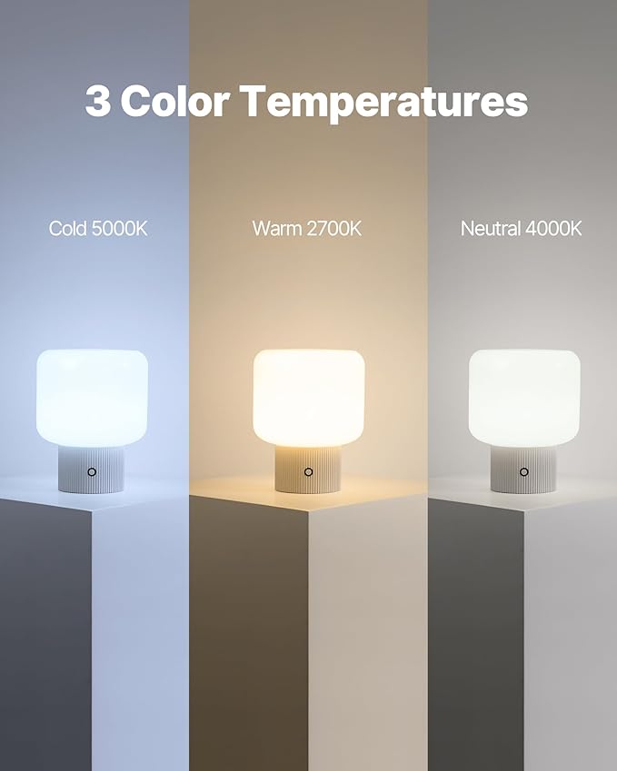 Halo Mushroom Lamp, 5W Cute Cordless Rechargeable Table Lamp with Glass Shade, 3 Color Temps LED Dimmable Ambient Lighting, Small Retro Touch Bedside Light for Bedroom Decor, White - Bloomnest