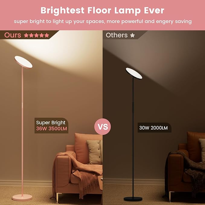 Pink Dimmable Floor Lamp, Bright 36W 3500LM Standing Lamp with Remote Touch Control, 2700K Soft White to 6500K Cool White Adjustable, LED Torchiere Tall Light for Living Room,Bedroom,Office,Sofa - Bloomnest