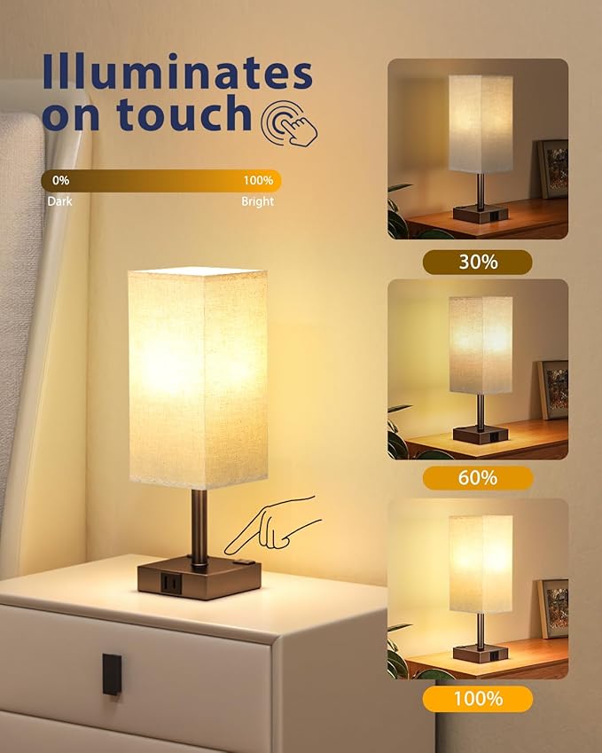 Brown Touch Table Lamp - Bedside Lamp with USB A + Type C Charging Ports and Two AC Outlets, Small Night Stand with E26 LED Bulb, Desk Light for Bedroom Living Room Office Dorm - Bloomnest