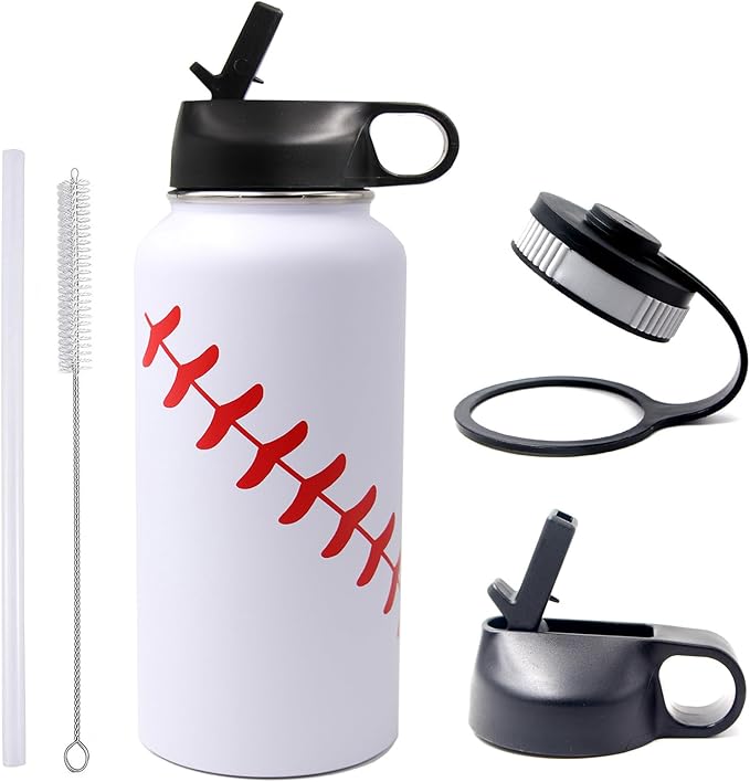 32 oz Baseball Water Bottle, Wide Mouth Sports Flask Metal Travel Tumbler with 2 Lids, Stainless Steel Double Wall Vacuum Insulated Thermo Water Bottles, Baseball Accessories Gifts for Mom Boys Girls - Bloomnest