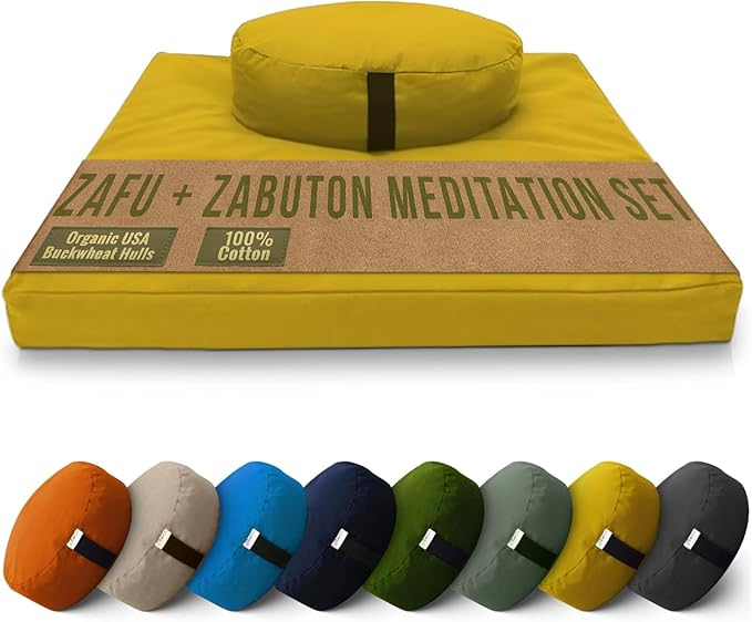 Bean Products Meditation Cushion Mat Set - Zafu Floor Pillow Organic Buckwheat Pillow + Cotton Filled Zabuton Prayer Pad - Meditation Pillow Yoga Knee Pad - Made in USA - 14" Round or 18" Oval - Bloomnest