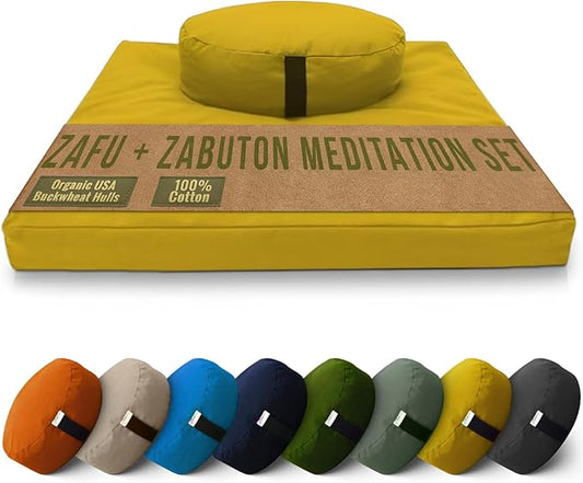 Bean Products Meditation Cushion Mat Set - Zafu Floor Pillow Organic Buckwheat Pillow + Cotton Filled Zabuton Prayer Pad - Meditation Pillow Yoga Knee Pad - Made in USA - 14" Round or 18" Oval - Bloomnest