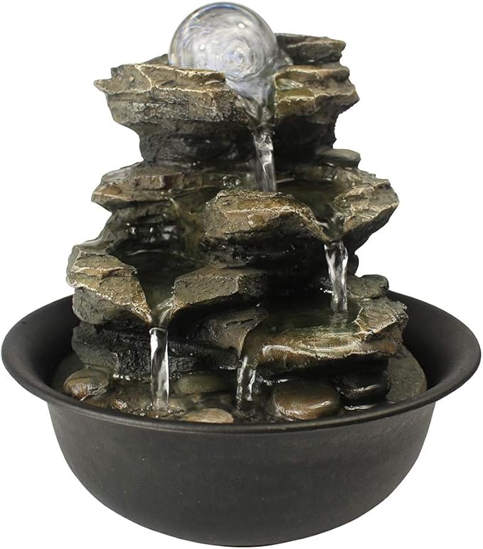 8.3" High 4-Tier Cascading Rock Falls Tabletop Water Fountain with LED Light & Spinning Ball - Indoor Small Waterfall Feature for Office, Home and Bedroom Desktop Decor Dark Grey - Bloomnest