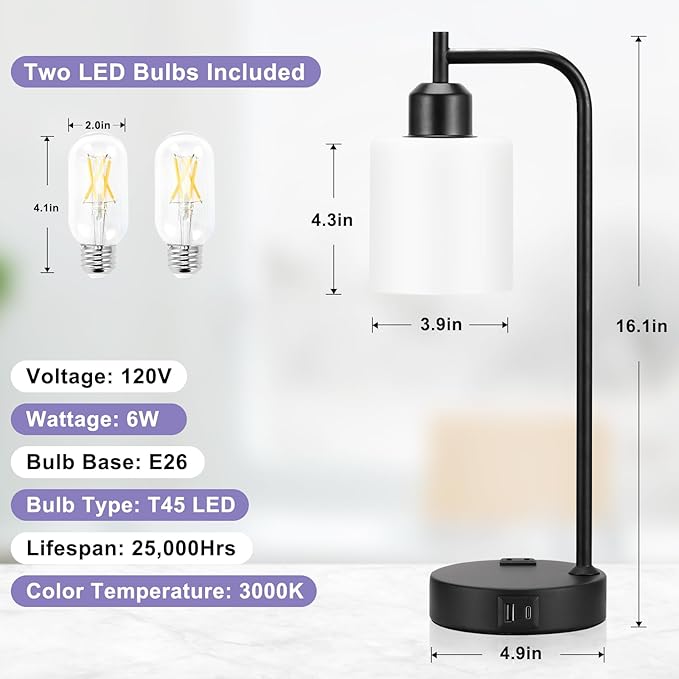 Industrial Touch Bedside Lamps for Bedrooms Set of 2 - 3-Way Dimmable Nightstand Lamps with USB C+A Ports and Outlet, Table Lamps with Opal Glass Shade for Living Room, Desk Lamps for Home Office - Bloomnest