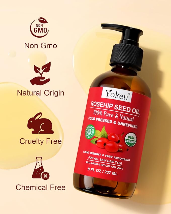 Rosehip Seed Oil Organic, USDA Certified 100% Pure Rosehip Oils for Face, Hair & Body, 8 fl oz Cold Pressed Rose Hip oil for Skin Moisturizing, Scar Fading, Gua Sha, Massage, Carrier Oil DIY - Bloomnest