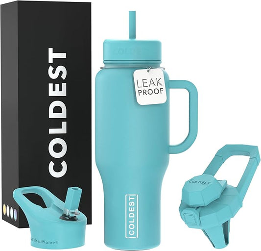 Coldest Tumbler with Handle and Straw - 100% Spill Proof Tumbler with Straw (3 Lids) - Stainless Steel Insulated Leakproof Tumblers for Women & Men - 36 oz (Turtly Green) - Bloomnest
