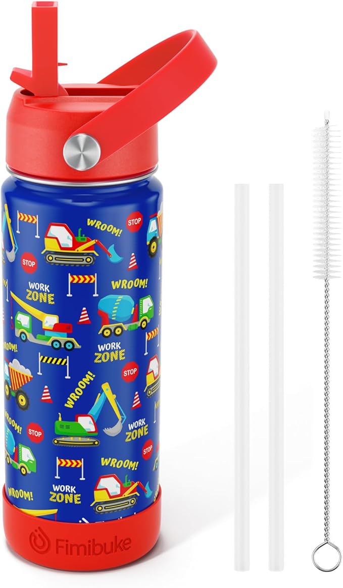 Fimibuke Kids Insulated Water Bottle, 18oz BPA FREE 18/8 Stainless Steel Kids Cup with Straw Travel Tumbler Double Wall Vacuum Leak Proof Toddler Water Bottle for School Boys Girls(1 Pack, Trucks) - Bloomnest