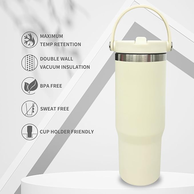 30 oz Tumbler with Top Handle, Double Wall Vacuum Insulated Tumbler with Flip Straw, Travel Coffee Mug 30oz Powder Coated Cup for Laser Engraving (Cream,1 pack)