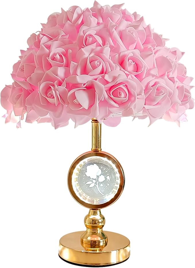 Pink Rose Flower Lamp Princess Bedside Lamp Modern Gold Table Lamp Nightstand Flower Light Cute Desk Lamp for Teen Girl Romantic Bedroom Wedding Deco Valentines Mother's Day Living Room - Bloomnest