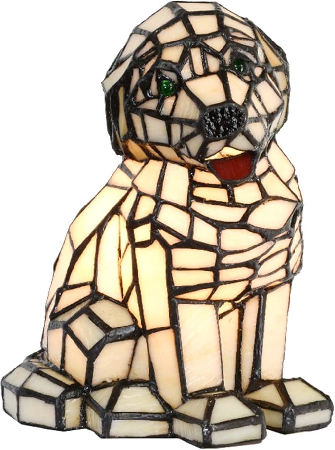 Bieye L10886 Tiffany-Style Stained Glass Dog Accent Table Lamp - 9.5-Inch Tall - Adorable Cream Dog Patiently Awaiting a Treat - Bloomnest