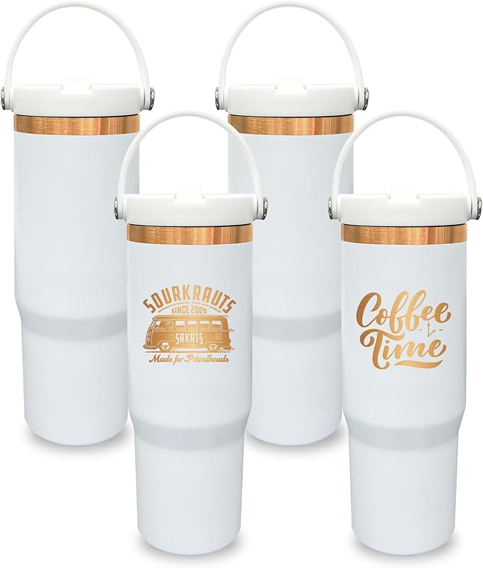 30 oz Tumbler with Handle, Double Wall Vacuum Insulated Tumblers with Flip Straw, Coffee Mug 30oz Powder Coated Cup for Hot and Cold Drinks(Copper Plated, White,4 pack)
