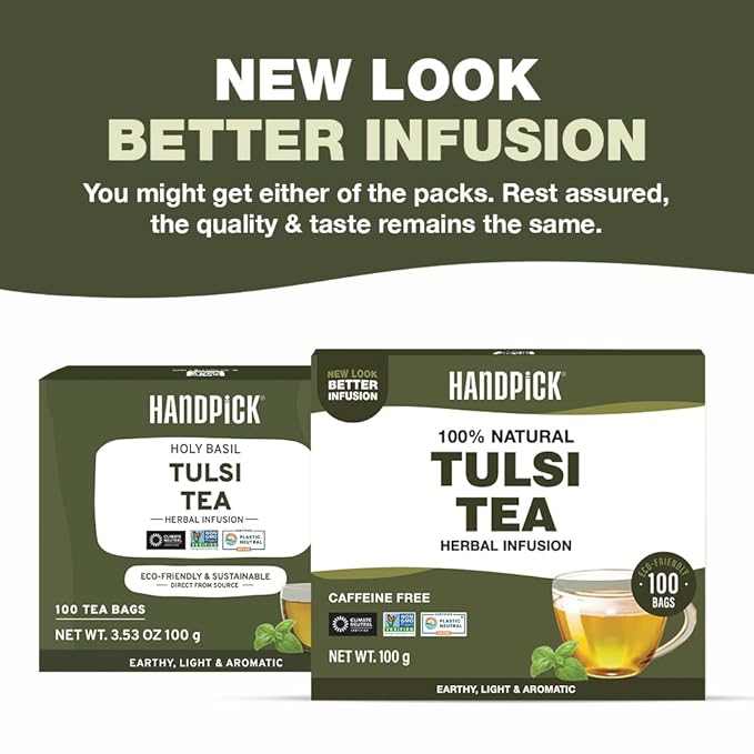 HANDPICK Original Tulsi Tea (100 count) Holy Basil Calming and Stress Relief Tea, Immune Support | Non-GMO, Caffeine-Free Herbal Tea | Ecofriendly Round Tea Bags - Bloomnest