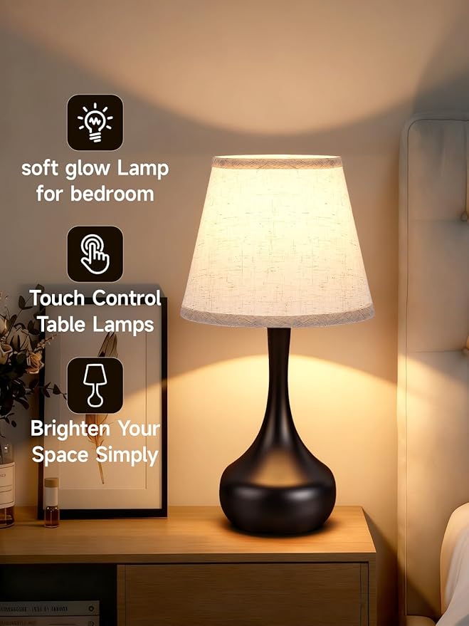 Touch Table Lamp for Bedroom Set of 2, Farmhouse 3-Way Dimmable Table Lamps for Nightstand with Fabric Shade, Lamps for Living Room，Desk Lamps for Home Office, Black Lamp for Bedroom - Bloomnest