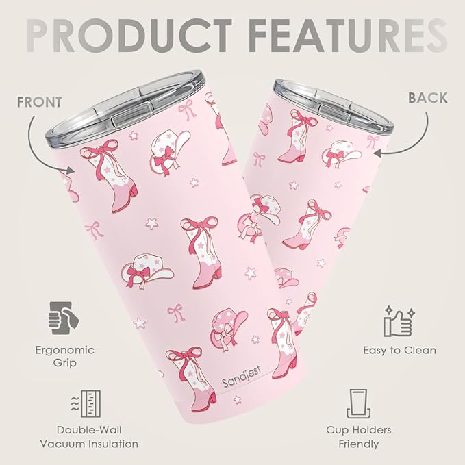 SANDJEST Cowgirl Tumbler 20oz, Stainless Steel Travel Cup with Lid, Insulated Coffee Mug, Cowgirl Gifts for Women Girls Friends Sisters on Birthday Christmas (Pink) - Bloomnest