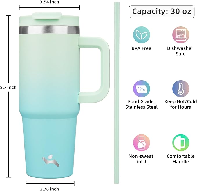 30 oz Tumbler with Handle and 2 Straws,2 in 1 Lid Insulated Water Bottle Stainless Steel Travel Coffee Mug,Mint - Bloomnest