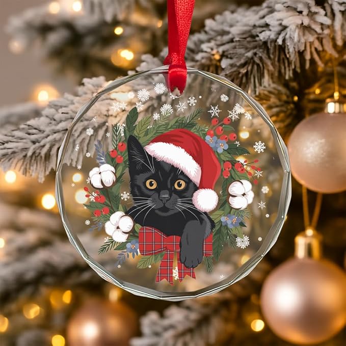 Black Cat Glass Ornament – Handcrafted Hanging Decoration, Elegant Keepsake with Unique Black Cat Design, for Home, Holiday Tree, or Special Occasion - Bloomnest