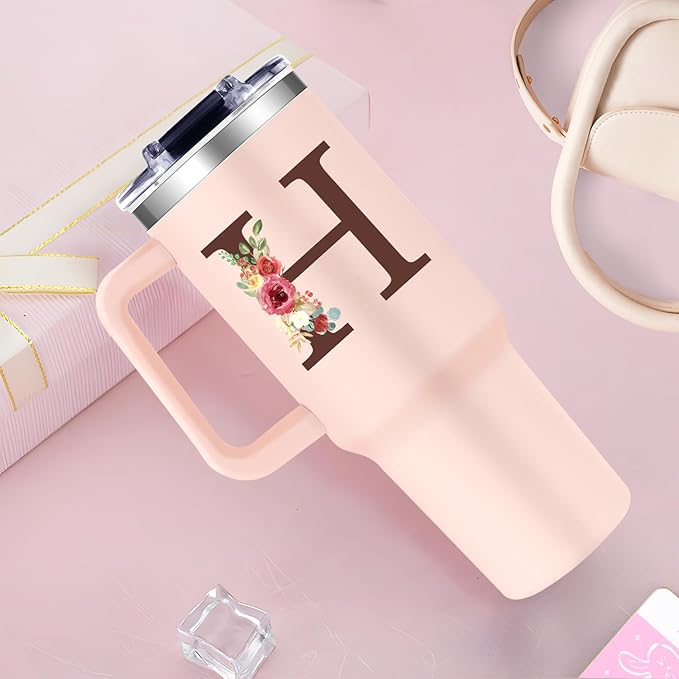 Monogrammed 40oz Tumbler with Handle for Women, Personalized Birthday Gifts for Women,Initial Cups for Woman Floral Letter H,Customized Gifts for Female Lady Gift for Mothers Day Christmas - Bloomnest