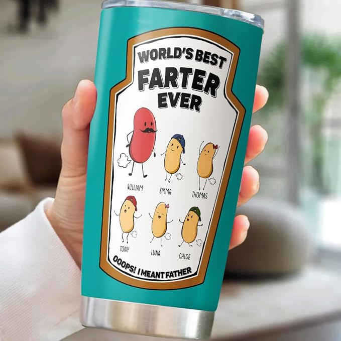World’s Best Farter Ever Tumbler, 20oz or 30oz Personalized Insulated Stainless Steel Mug, Funny Gift for Dad from Kids, Custom Cartoon Beans with Names, Father’s Day Joke Travel Cup - Bloomnest