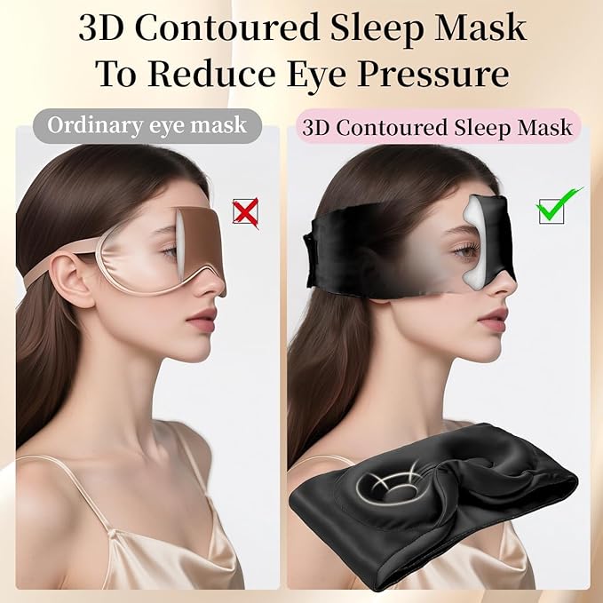 USlixury Silk Sleep Mask, 3D Contoured Sleeping Masks, Blackout Sleep Masks for Women with Nose Wing,100% Mulberry Silk, Face-Hugging Non-Slip SLEP Mask for Side Sleeper, 27.5x4.5'', Dark - Bloomnest
