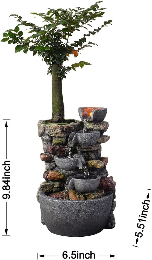 Indoor Fountain 4-Bowl Rockery Soothing Sound Tabletop Fountains Home/Office Decor Gift for Mom,Mother Day Present with A Small Plastic Pot to Grow Plant/Hebs by Yourself (Automatic Watering)