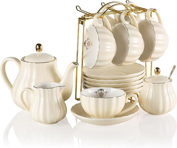 Sweejar Porcelain Tea Sets British Royal Series, 8 OZ Cups & Saucer Service for 6, with Teapot Sugar Bowl Cream Pitcher Teaspoons and Tea Strainer, Suitable for High Tea, Wedding, Party（Beige） - Bloomnest