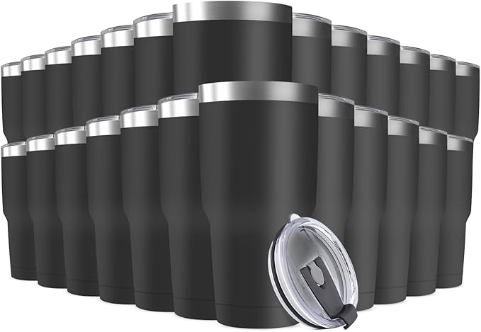 30oz Stainless Steel Travel Mug with Lid, 25 Pack Double Wall Vacuum Insulated Bulk Tumbler, Powder Coated Coffee Cup Suitable for Vehicle Cup Holders (Black) - Bloomnest