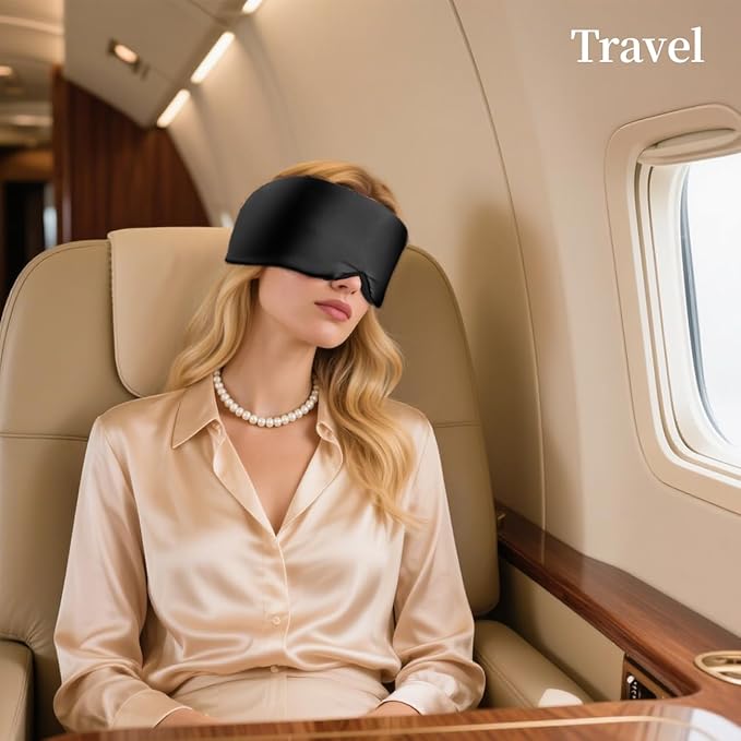 USlixury Silk Sleep Mask, 3D Contoured Sleeping Masks, Blackout Sleep Masks for Women with Nose Wing,100% Mulberry Silk, Face-Hugging Non-Slip SLEP Mask for Side Sleeper, 27.5x4.5'', Black - Bloomnest