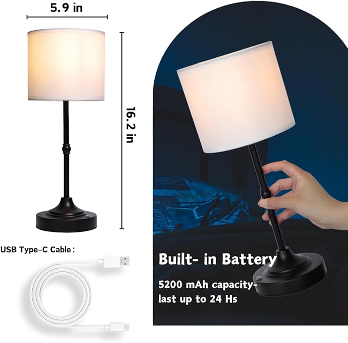 Rechargeable Table Lamp, Cordless Touch Lamps, Portable Desk Light with Stepless Dimmable Brightness & Fabric Shade for Nightstand Bedside Living Room (Black, Straight) - Bloomnest