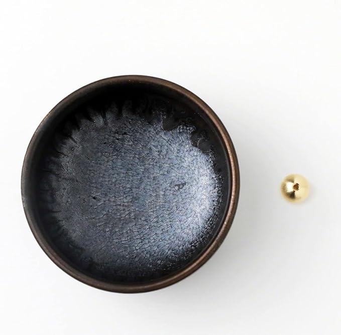Asayu Japan Zen Incense Holder – 3.9" (100 mm) Ceramic Incense Bowl with Brass Burner, Made in Japan Mino Ware, Modern Wabi-Sabi Style in Metallic Black, Brown & Gold - Bloomnest