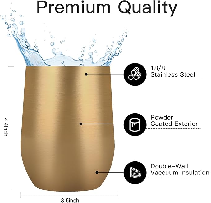 Lifecapido 6 Pack Stainless Steel Wine Tumblers, 12Oz Insulated Wine Tumbler, Double Wall Insulated Wine Glass, Stainless Steel Stemless Wine Cups with Lids for Coffee, Wine, Water, Champaign, Gold - Bloomnest