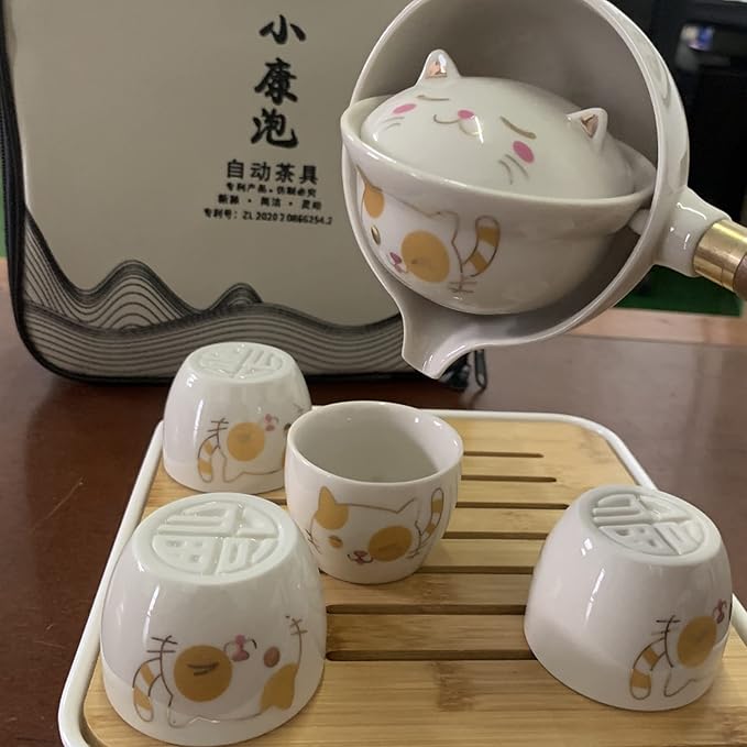 Ceramic Portable Travel Tea Set, Chinese Kungfu Tea Set with 360 Rotation Teapot and Infuser, 4 Tea Cups, Tea Tray And Travel Bag (Lucky Cat)
