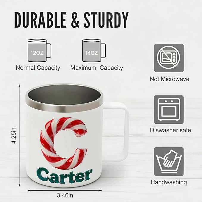 Personalized Christmas Insulated Coffee Mug with Handle – Custom Candy Cane Double Wall Stainless Steel Travel Tumbler for Drinks – Unique Holiday Gift for Men, Women, & Kids (B112) - Bloomnest