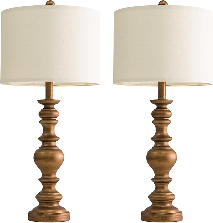 BOBOMOMO 27" Antique Gold Table Lamps Set of 2, Elegant Large Resin Lamps with Linen Shades, Gold Traditional Lamps for Bedroom, Living Room, or Console Table, Classic Vintage Décor - Bloomnest