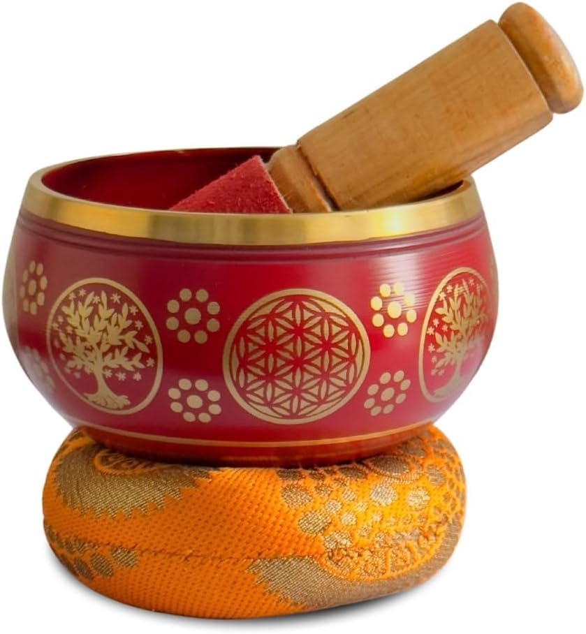 Nature’s Own Buddhist Tibetan Singing Bowl for Meditation - Authentic Metal OM Sound Bowl, Tibetan Prayer Instrument with Wooden Stick, Red 3.5 Inches - Deep Resonance for Healing & Relaxation