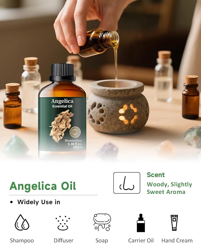 Angelica Root Essential Oil Pure Mumianhua Natural Angelica Oil for Diffuser, Aromatherapy, Skin, Hair, Massage & Candle Making 3.38 Fl Oz - Bloomnest